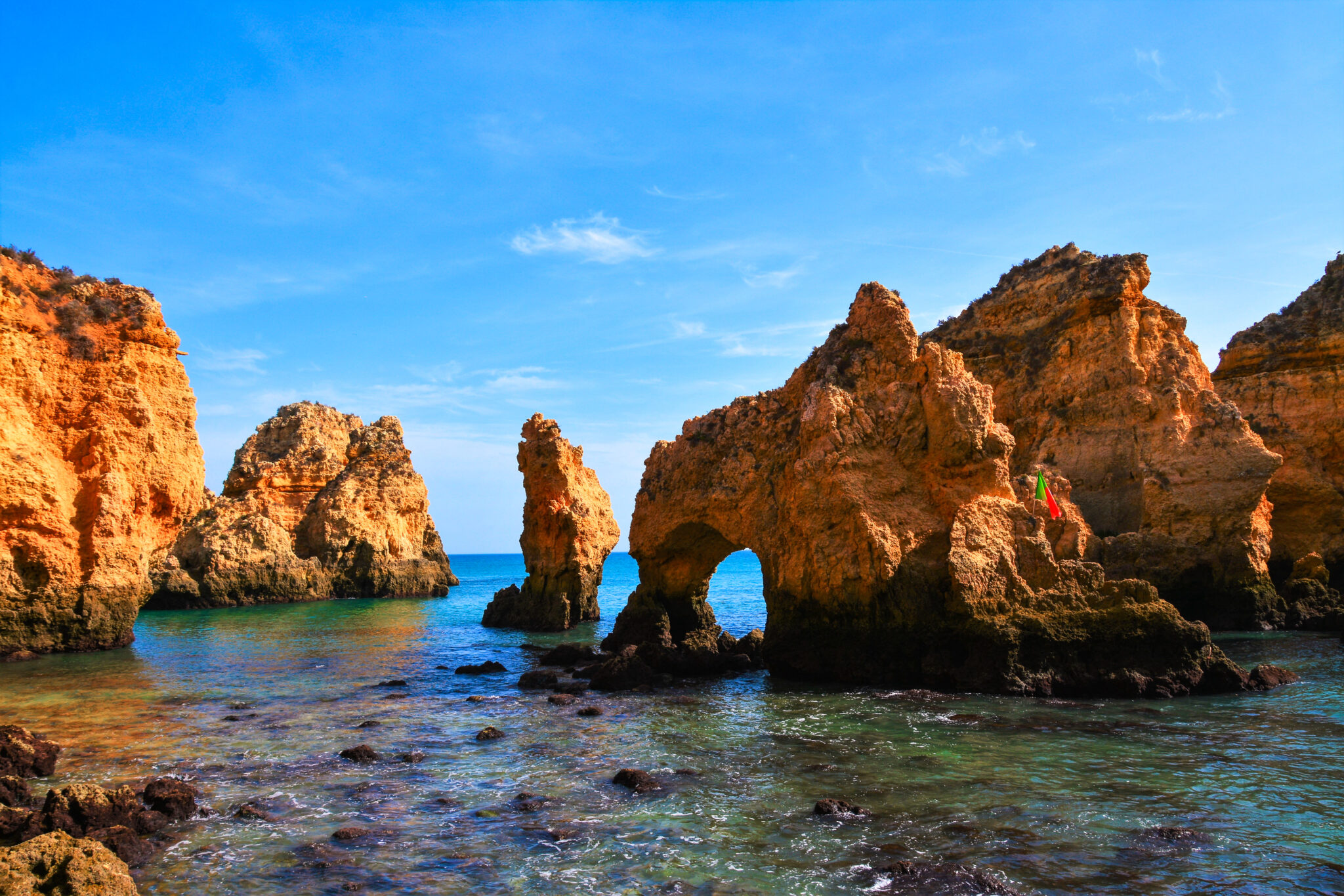 A landscape view of rocky beach in Lagos city Algarve - Portugal