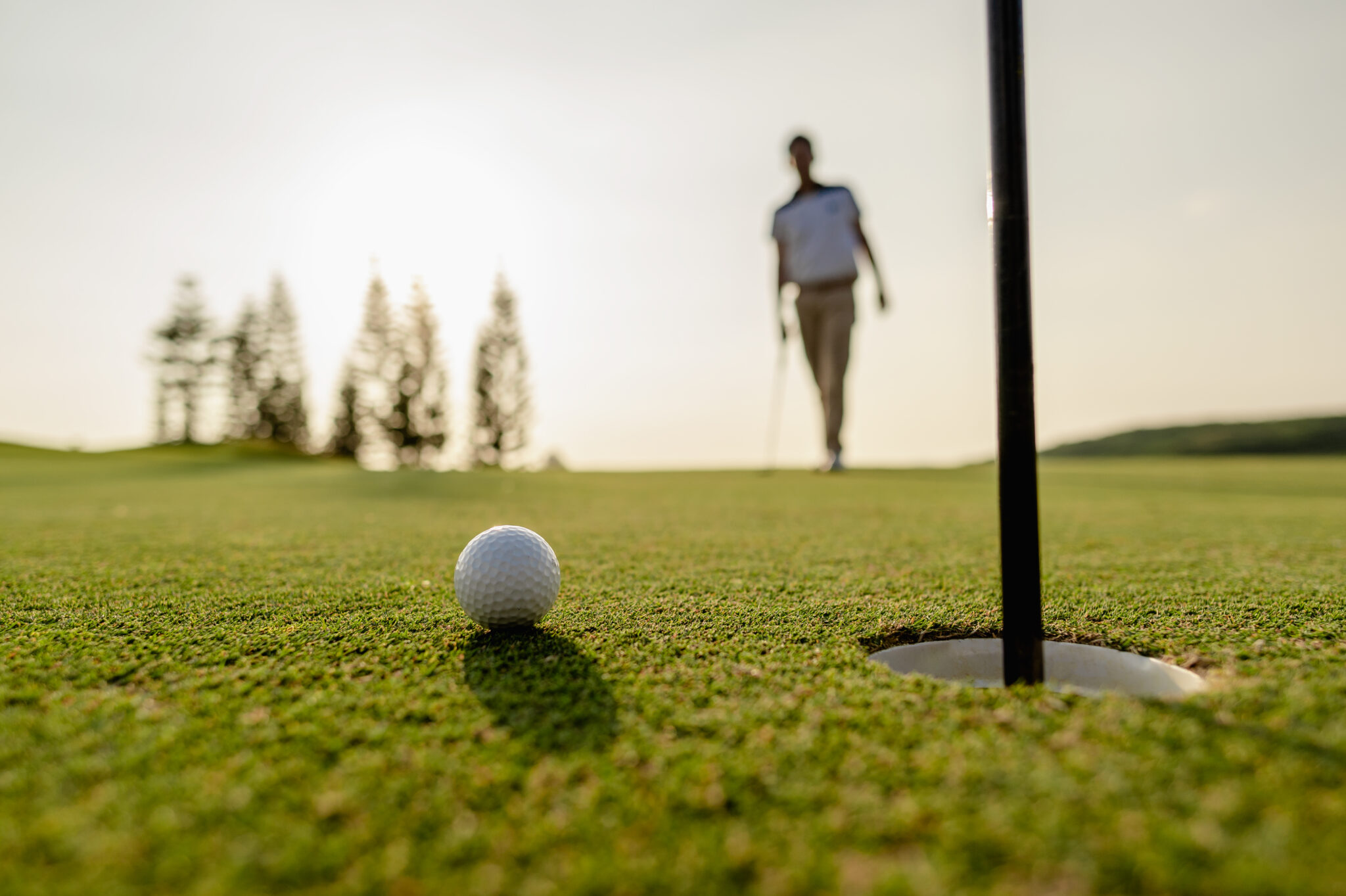Golfer putting golf ball on golf course,he is walking to collect golf balls,lens flare on evening sun.Professional golf course at sunset. Summer,copy space,golf,nature,sport and weekend activities concepts.